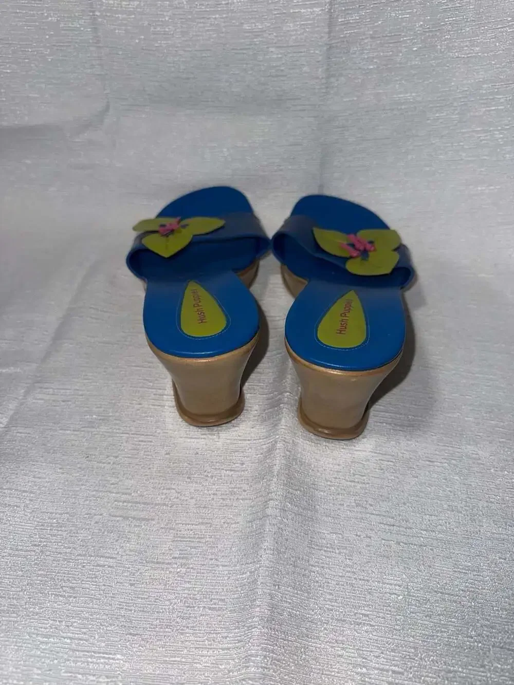 Vintage Hush Puppies Canon 59162 Leather Flower Wedge Sandals Blue Size 8M